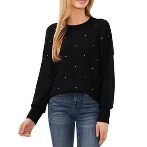 CECE Crew Neck Drop Shoulder Rhinestone Sweater Large Black  Jersey Knit NWT